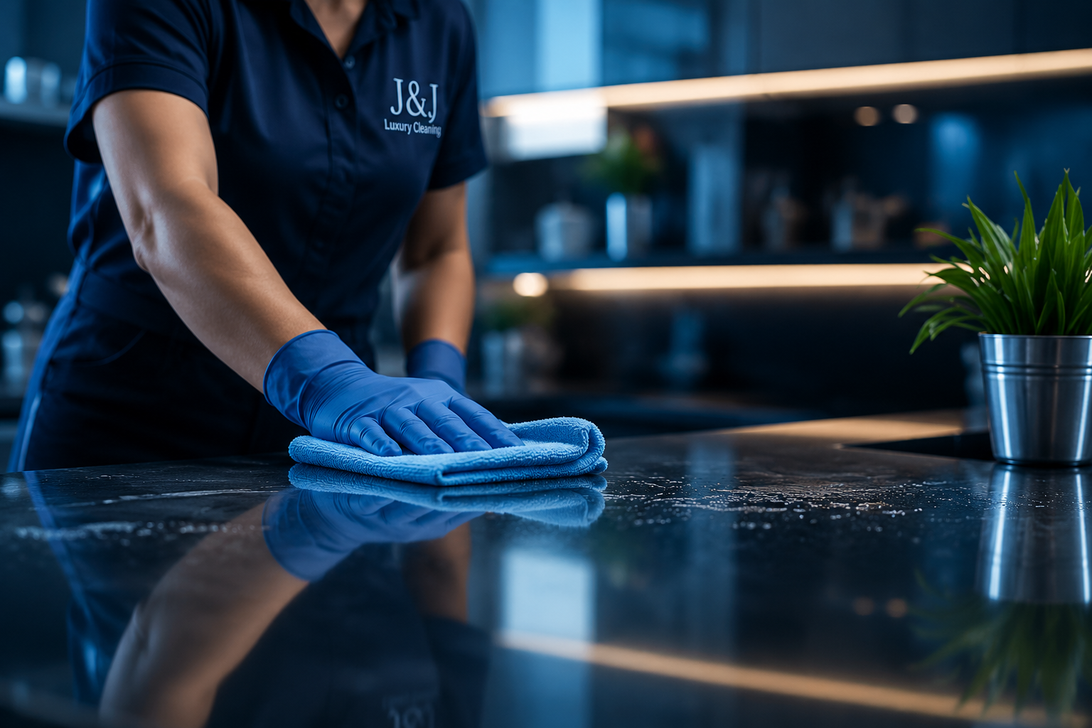 Profesional de limpieza trabajando con uniforme elegante